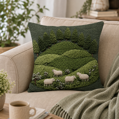 Housse de coussin effet broderie La Colline aux Moutons — La Ferme Câline