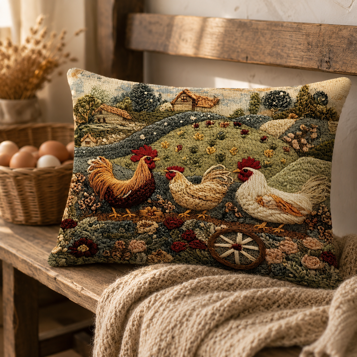 Housse de coussin effet broderie La Basse-Cour — La Ferme Câline