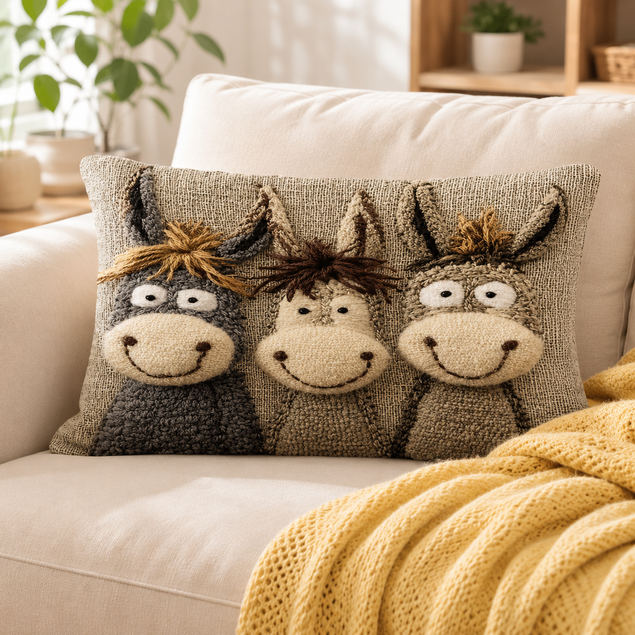 Housse de coussin effet broderie Le Trio Hi-Han — La Ferme Câline