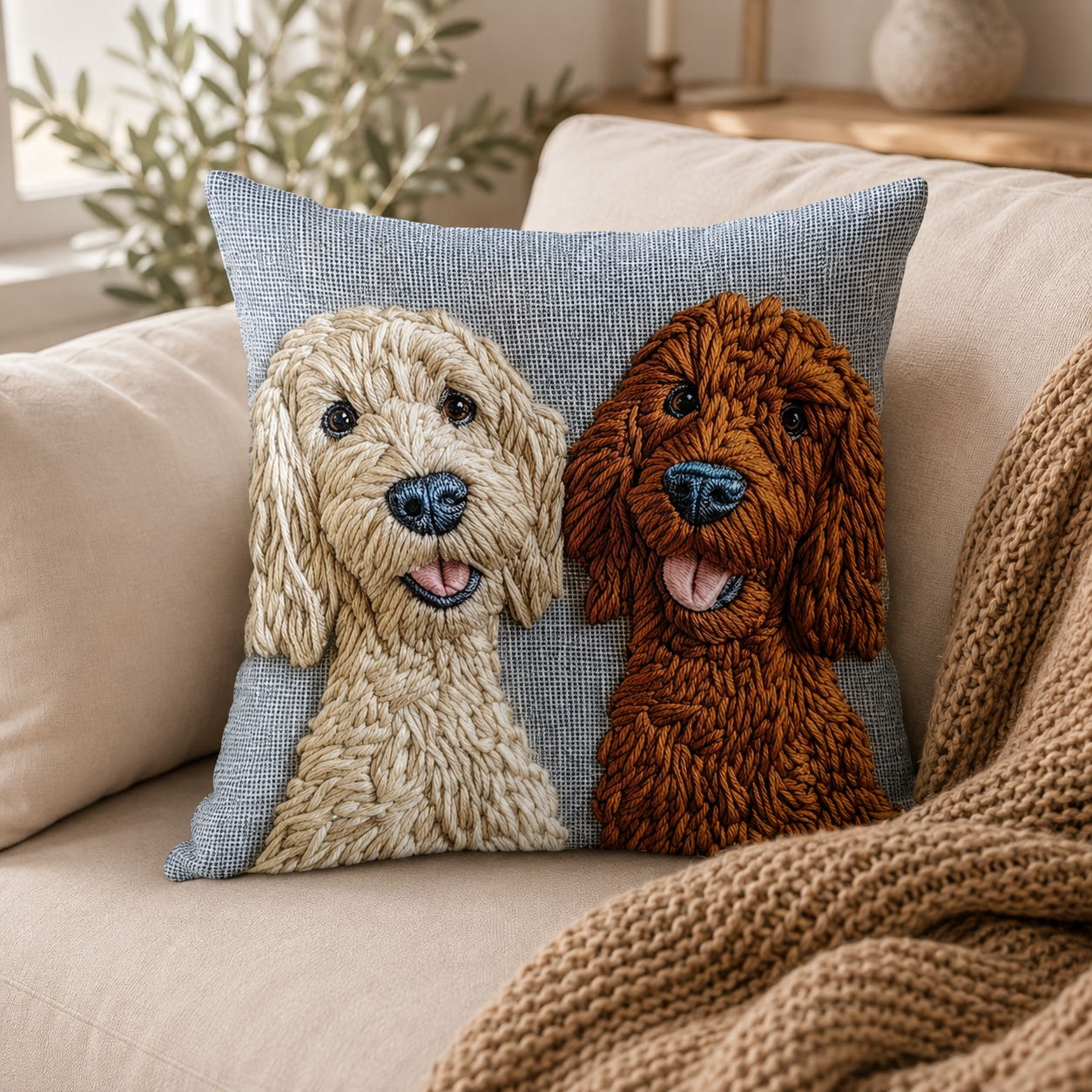 Housse de coussin effet broderie Biscuit & Noisette — La Ferme Câline